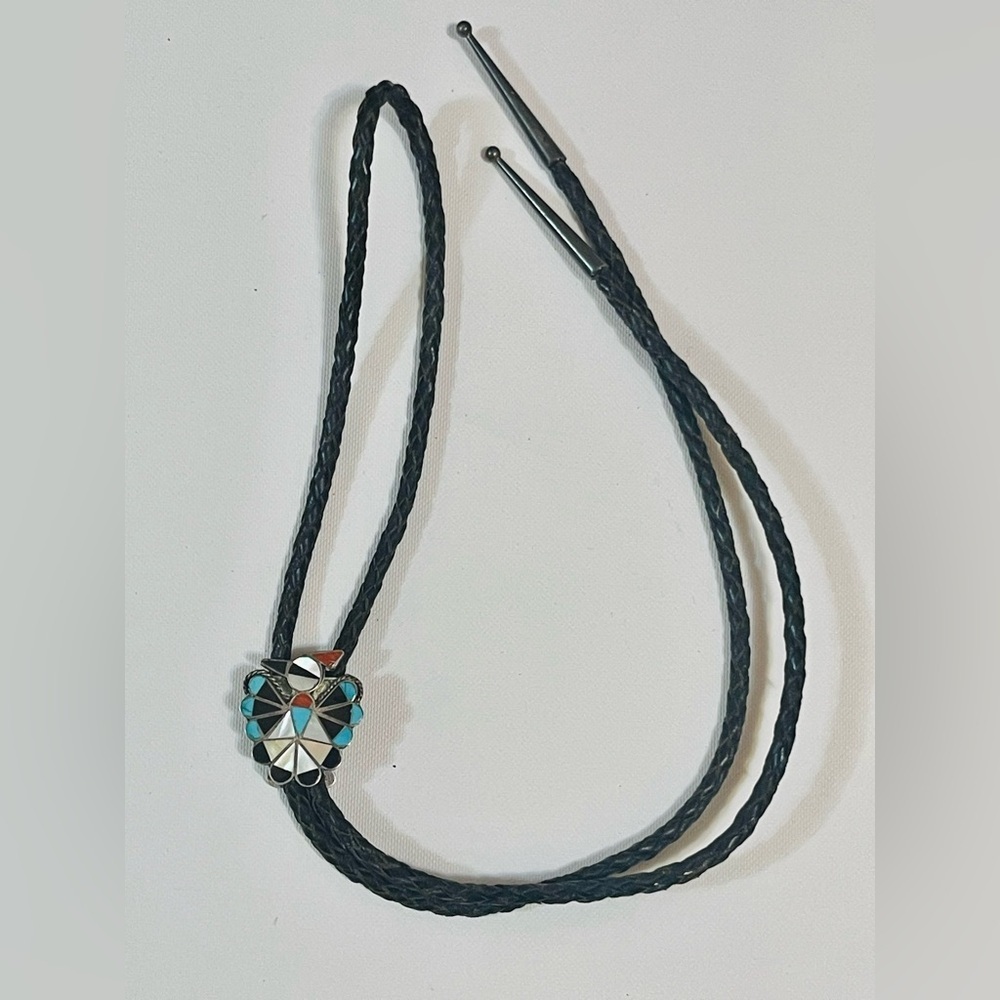 VTG Native American ZUNI STERLING SILVER MOSAIC INLAY THUNDERBIRD BOLO TIE Sign - Picture 3 of 10